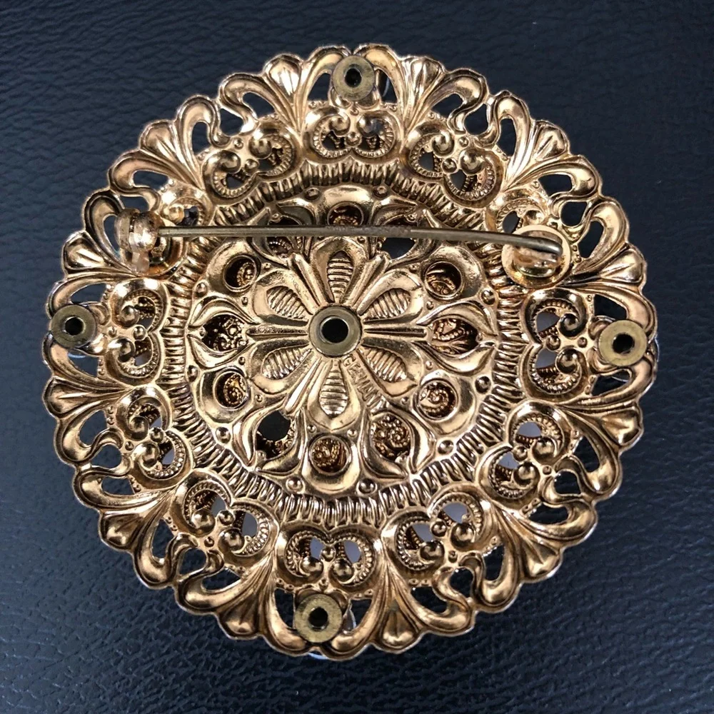 Large Vintage Rose Cameo w AB Crystals Brooch Pin